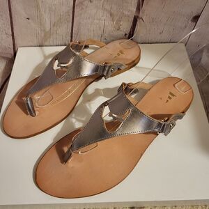 NEW Nantucket Soles Pewter Leather "Map Cut-out" Thong Slide Sandals 7m/37 $140N